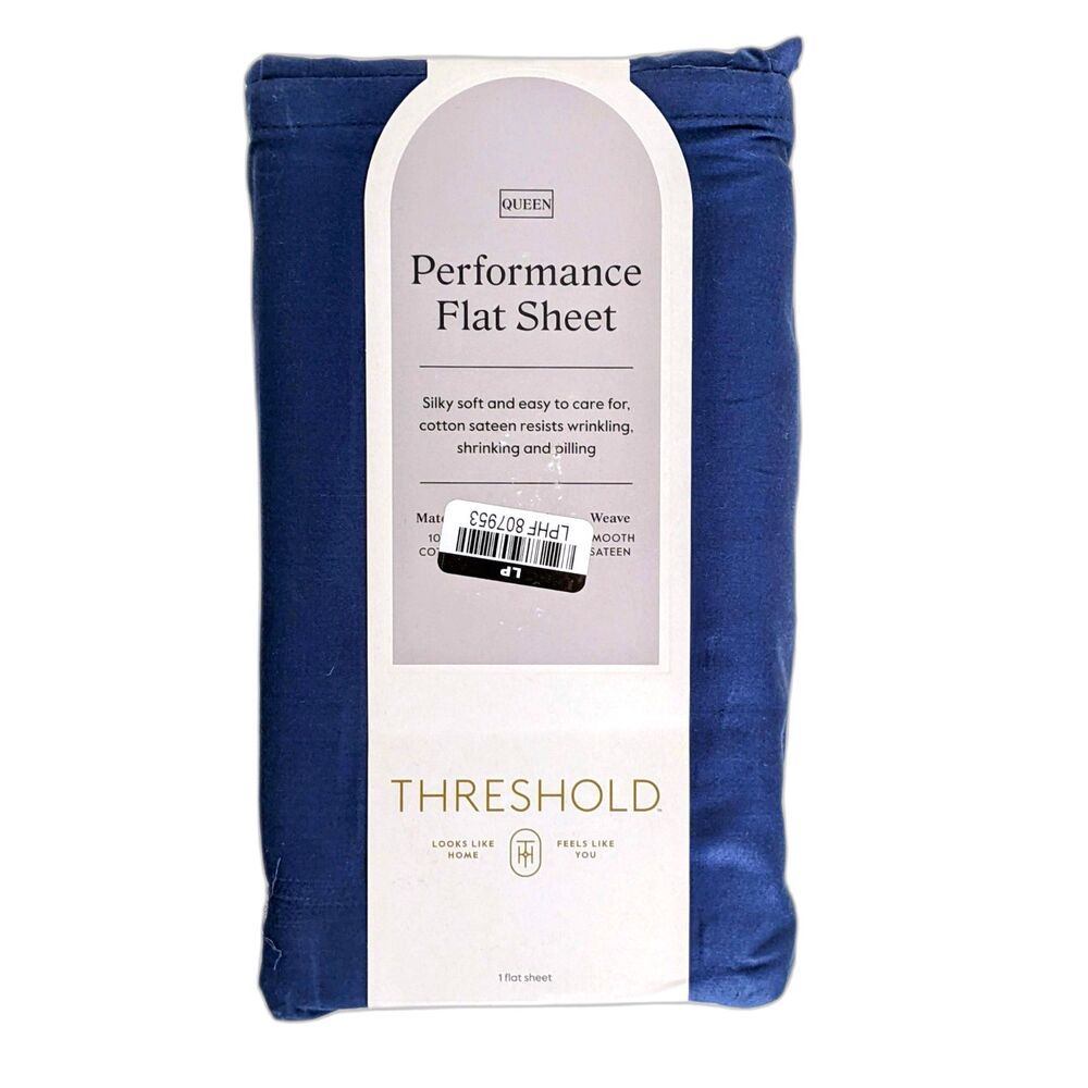 NEW Threshold Queen 400 Thread Count Performance Flat Sheet Metallic Blue NWT